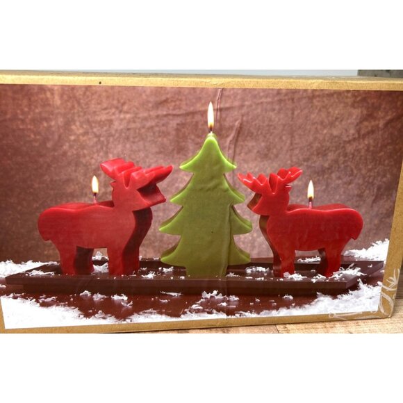 Reindeer & Tree Paraffin Wax Candle Set Of 3 With Wood Tray - Picture 6 of 7